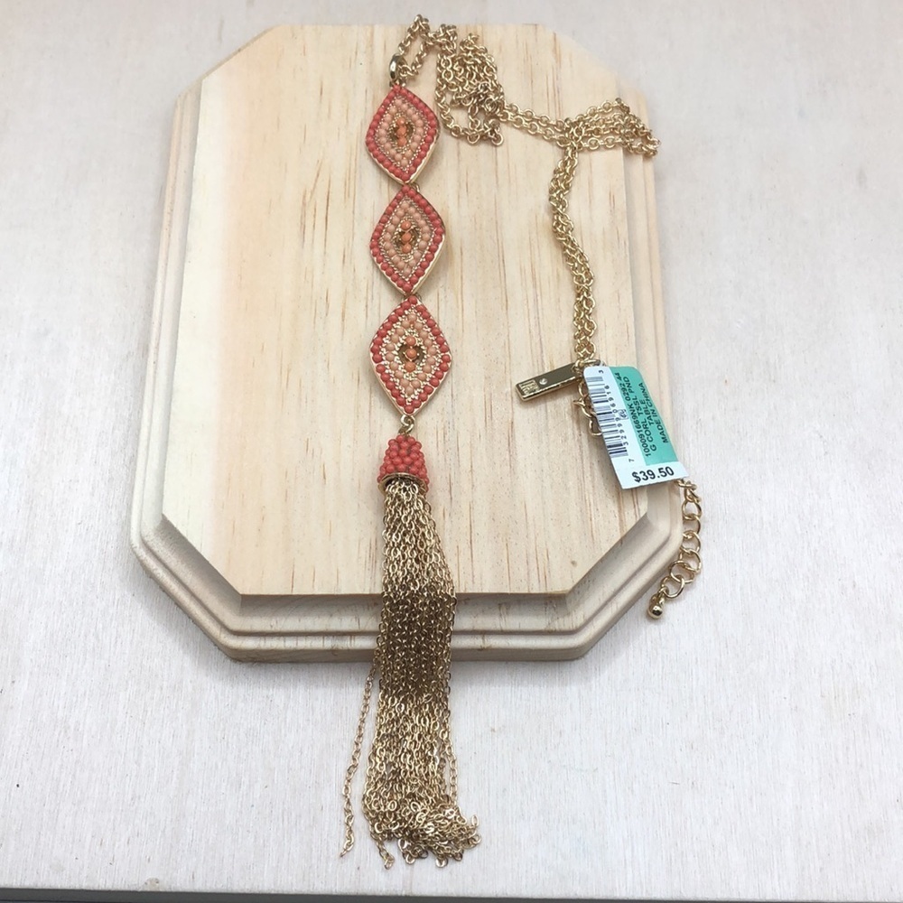 INC gold tone long tassel chain necklace beaded pendant.